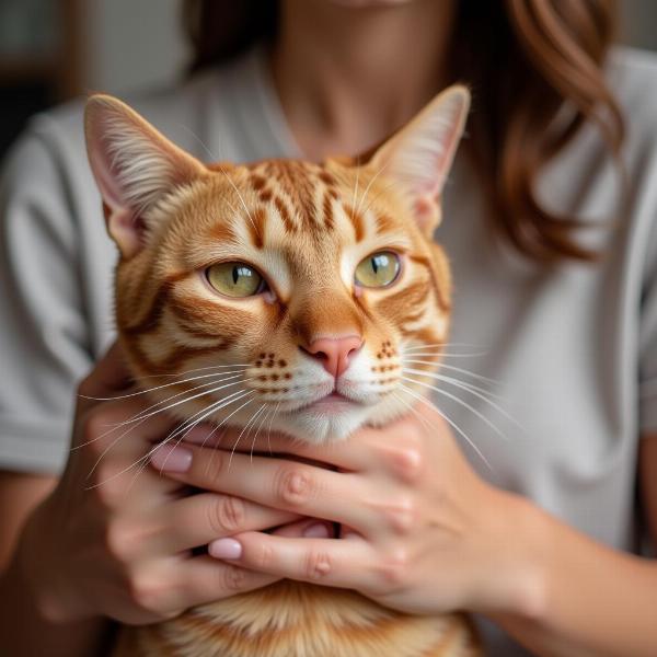 Gato atigrado naranja siendo acariciado por una persona.