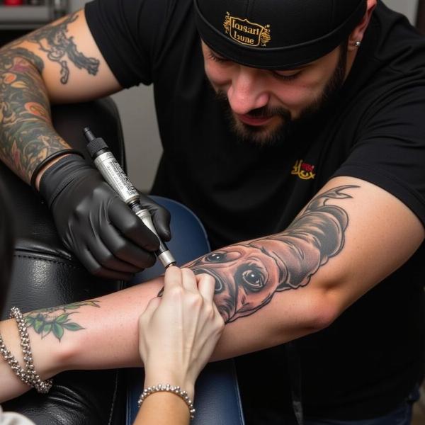 Artista tatuando un diseño de perro y gato