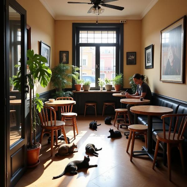 Ambiente acogedor en un bar de gatos en Madrid