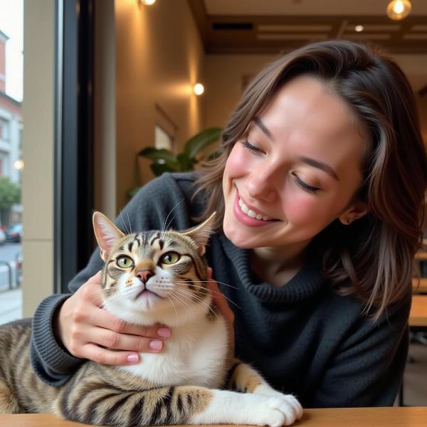 Interacción con gatos en un café de gatos de Madrid