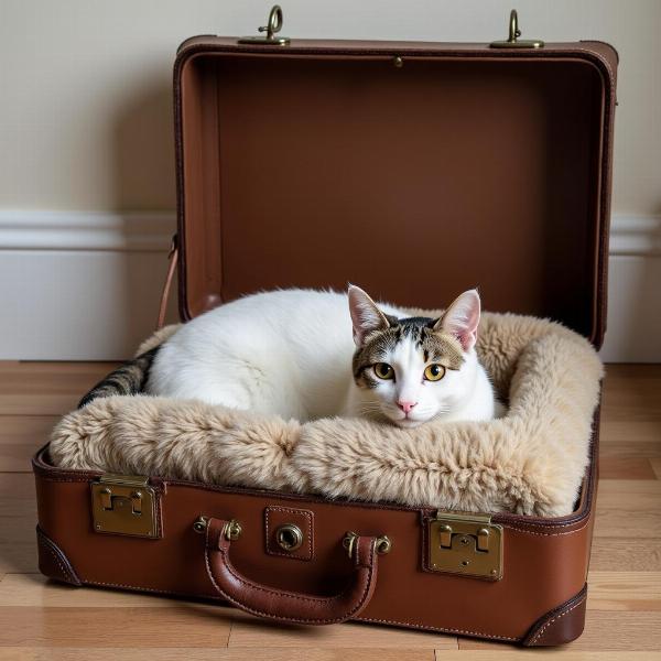 Cama para gatos hecha con una maleta vintage