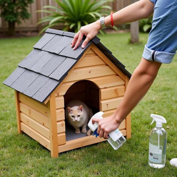 Limpieza de la casita para gatos en el exterior