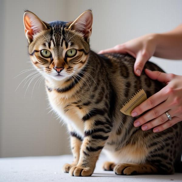 Cepillando a una gata con pelaje atigrado y manchas