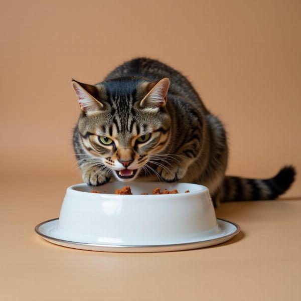 Gato comiendo rápido de un comedero convencional