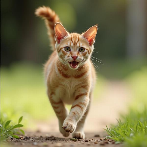 Gata corriendo y jugando con energía, demostrando la "comiquita de la gata loca"