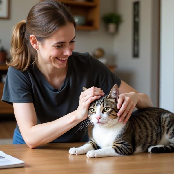 Cuidador de gatos jugando con un gato en su casa