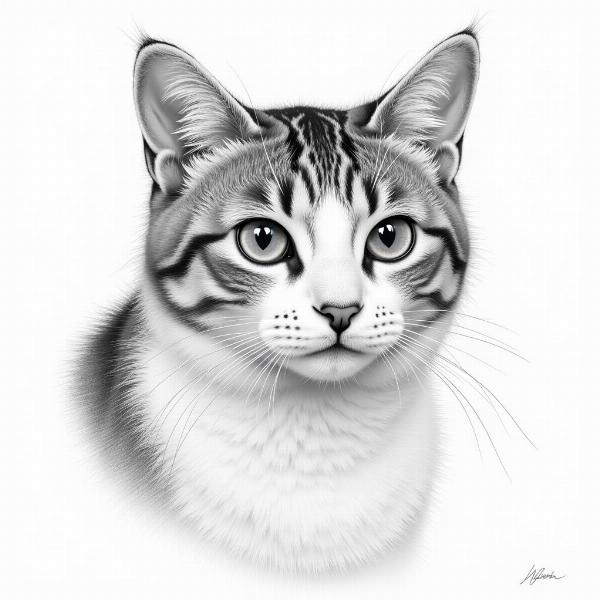 Dibujo de un gato realista a lápiz, mostrando detalles del pelaje y la mirada.