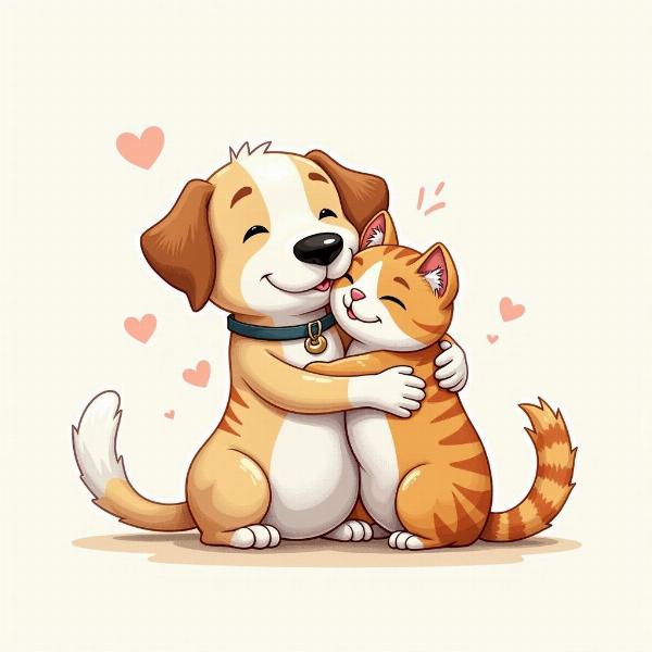 Dibujo de un perro y un gato abrazados, mostrando la amistad entre las dos especies