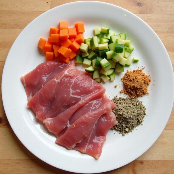 Dieta Natural Balanceada para Gatos: Un plato con carne, verduras y suplementos para una dieta felina completa.