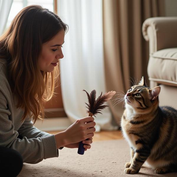 Dueño jugando con su gato usando una varita con plumas