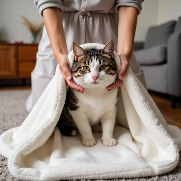 Preparación para envolver un gato en una toalla