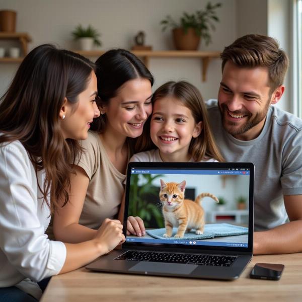 Familia adoptando un gato a través de una tienda online