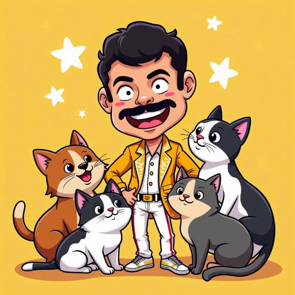 Freddie Mercury en una caricatura con sus gatos