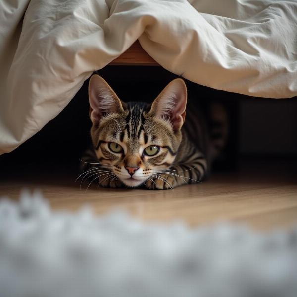 Gata celosa escondiéndose debajo de la cama