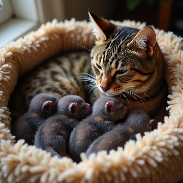 Gata cuidando a sus gatitos recién nacidos