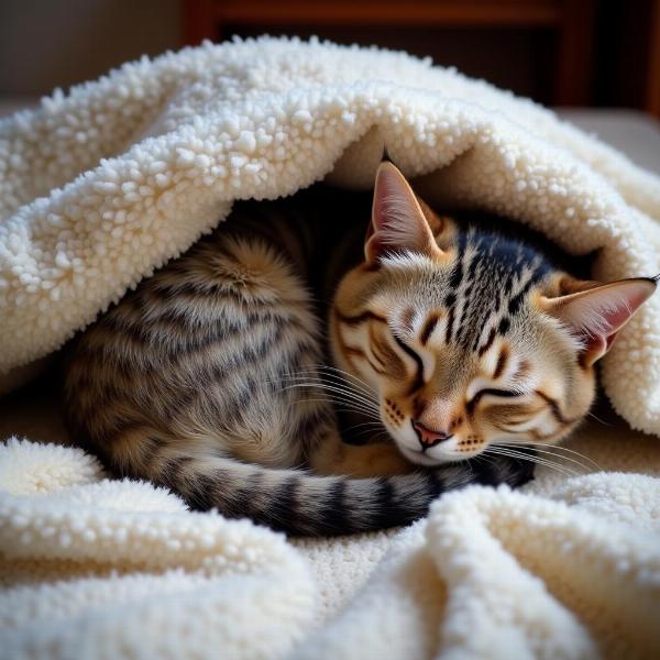 Gata durmiendo debajo de una manta