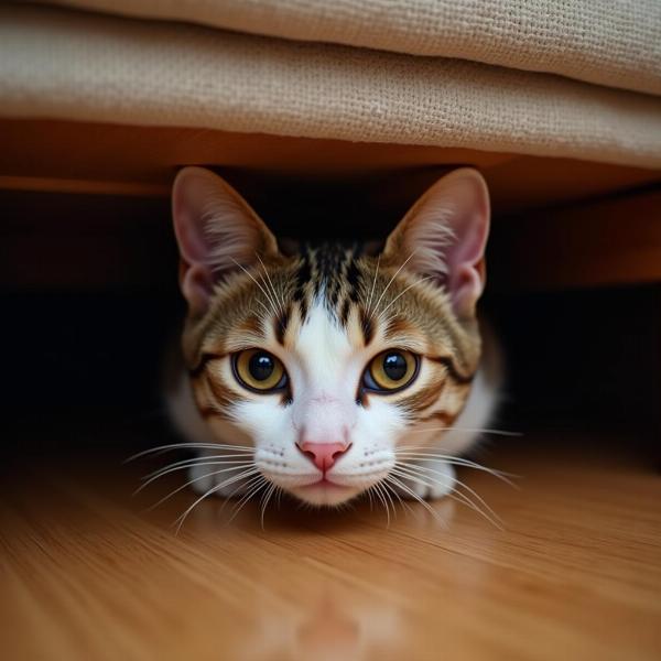 Gata estresada escondiéndose debajo de un mueble