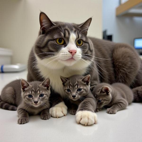 Gata y sus gatitos en consulta con el veterinario para evaluar su salud y comportamiento.