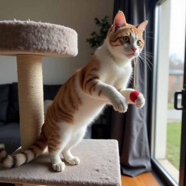 Gata jugando en un árbol para gatos, estimulando su instinto natural