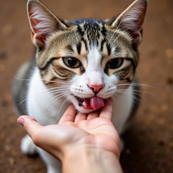 Gata lamiendo y mordiendo la mano de su dueña