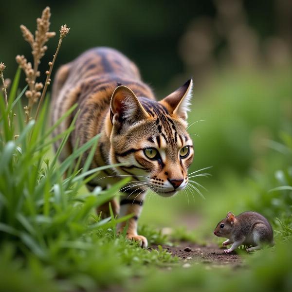 Gata salvaje cazando un ratón