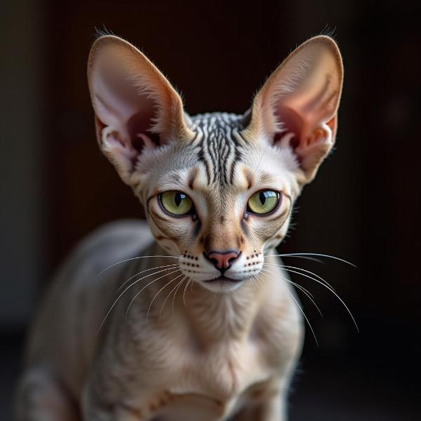 Gato Cornish Rex con pelaje corto y rizado, orejas grandes y mirada intensa, asemejándose a un lagarto.