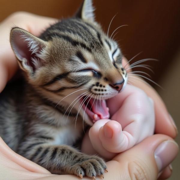 Gatito alimentándose de leche materna