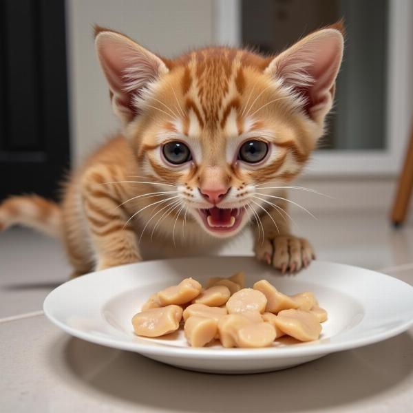 Gatito comiendo pollo hervido