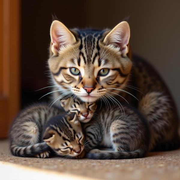 Gatitos recién nacidos con su madre