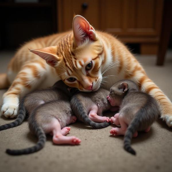 Gatitos recién nacidos con su madre