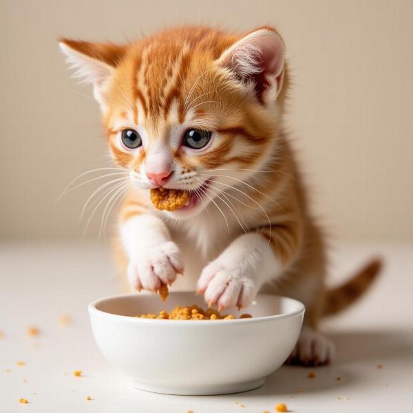 Gato de 3 semanas comiendo alimento húmedo