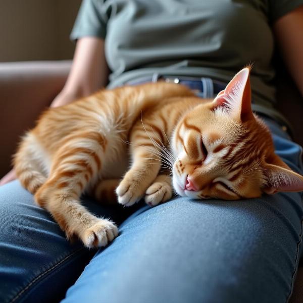 Un gato acurrucado en el regazo de su dueño, mostrando la compañía relajante y el efecto terapéutico de su presencia.