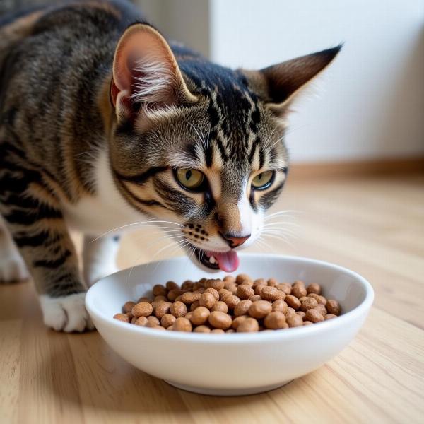 Gato adulto comiendo pienso