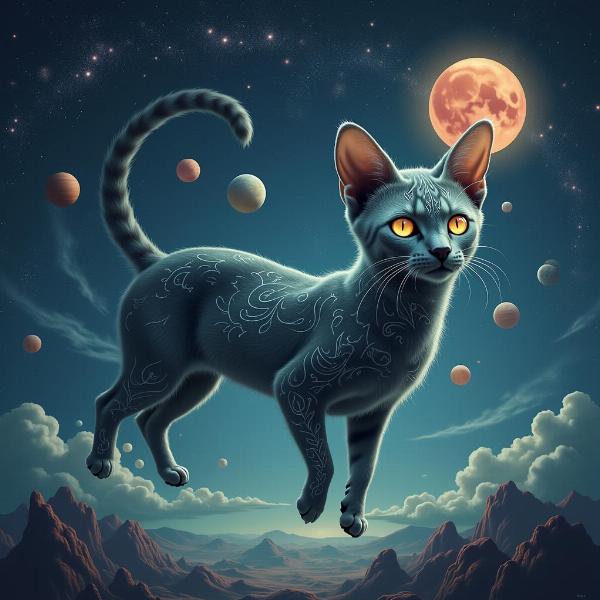 Dibujo digital surrealista de un gato