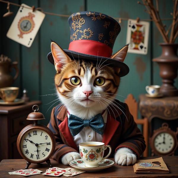 Un gato con un sombrero similar al del Sombrerero Loco, rodeado de elementos del País de las Maravillas, como relojes, tazas de té y naipes.