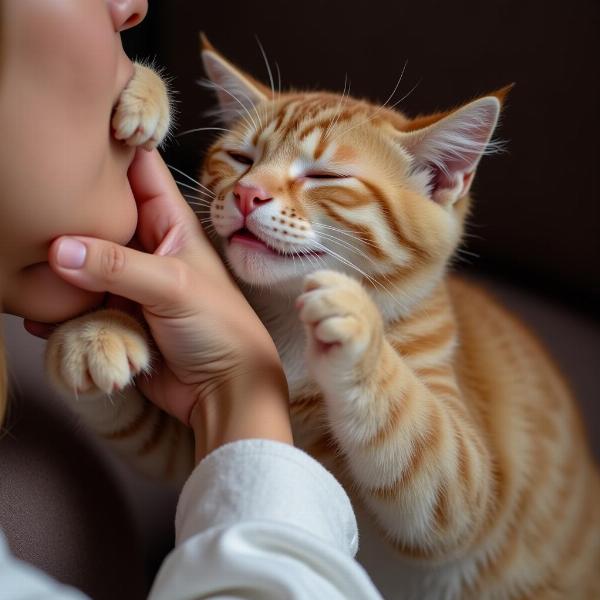 Gato amasando la cara de su dueño mientras duerme