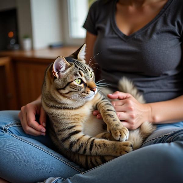 Gato amasando el regazo de su dueño