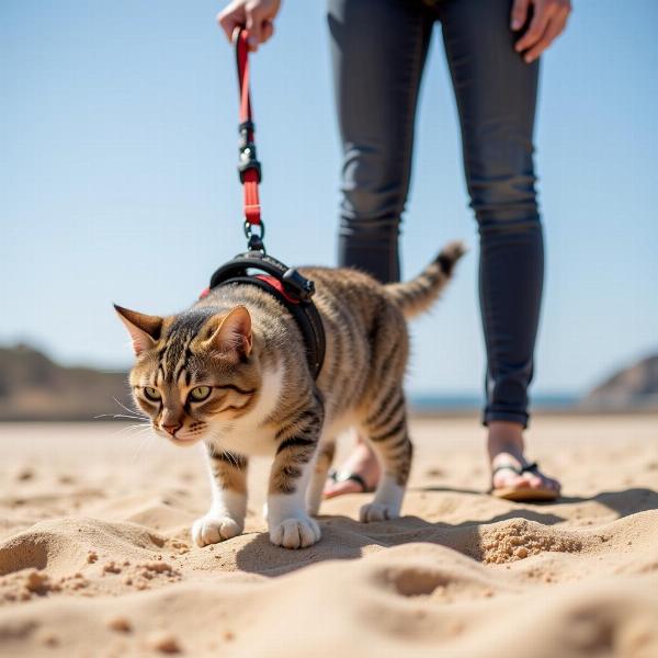 Gato con arnés explorando la playa de Cabo de Gata