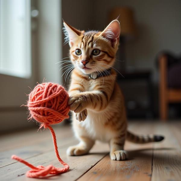 Gato atigrado jugando con una pelota de lana.