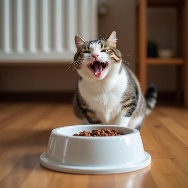 Gato aullando cerca de su plato de comida