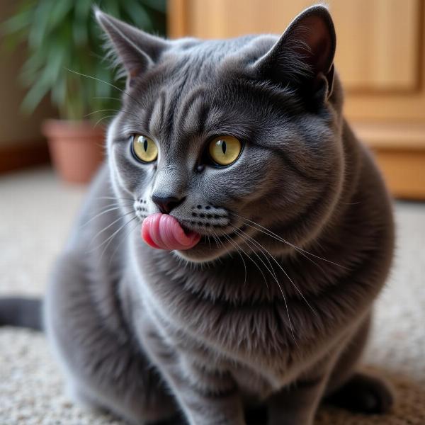 Gato azul ruso acicalándose con su lengua