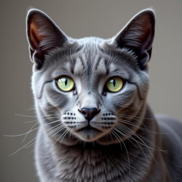 Retrato de un gato Azul Ruso con ojos verdes brillantes y pelaje plateado.