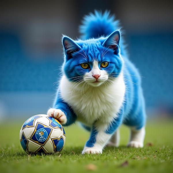 Gato azul y blanco jugando con una pelota del Real Betis Balompié.