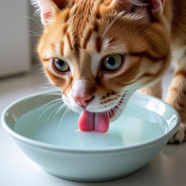 Gato bebiendo agua de un tazón