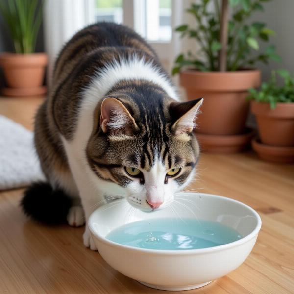 Gato bebiendo agua en un tazón