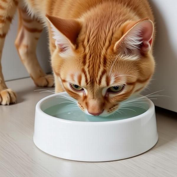 Gato bebiendo agua fresca de un tazón