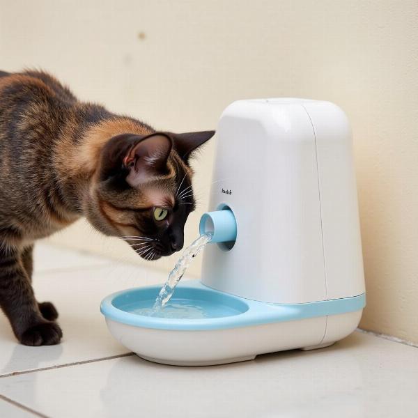 Gato bebiendo agua de una fuente para mascotas