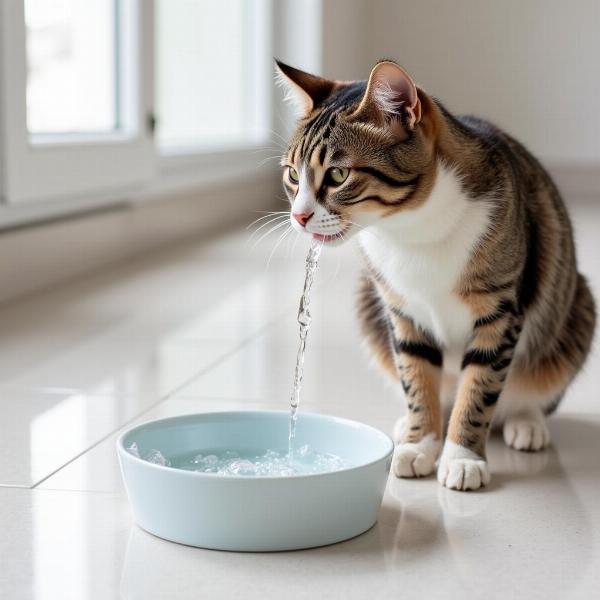 Gato bebiendo agua fresca de un tazón, manteniendo una buena salud urinaria.