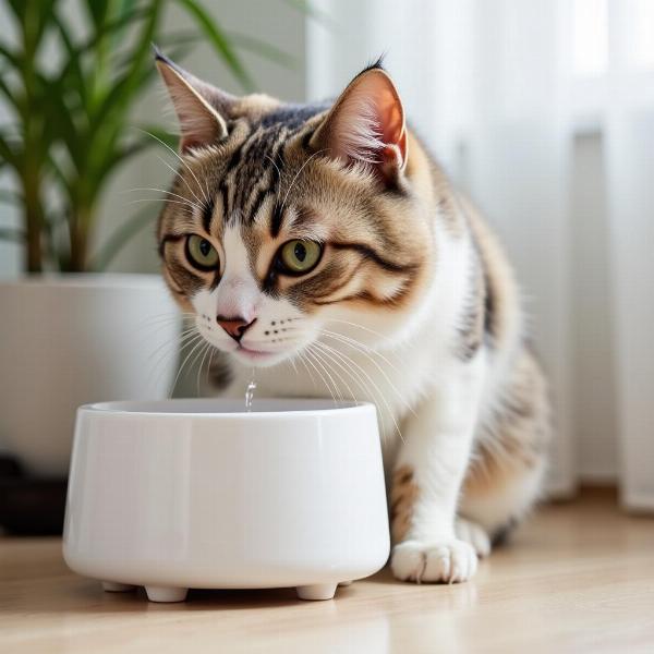 Gato bebiendo de una fuente de agua sin cable