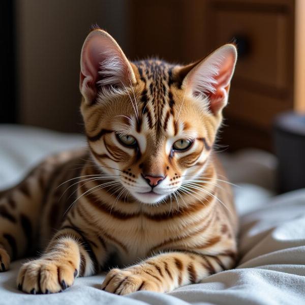 Gato Bengalí descansando, mostrando su belleza y grandeza natural.